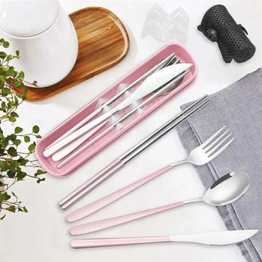 Portable Travel Utensils Set with Case Stainless Steel Knife Forks Spoons Chopsticks for Lunch Box Office Picnic Dinnerware Use