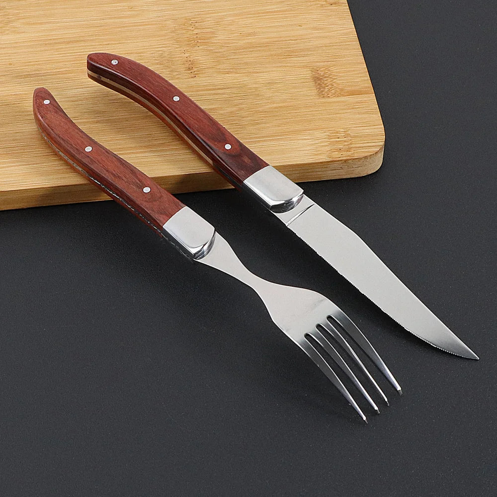 Jaswehome 6pcs Dinnerware Set Stainless Steel Red Pakkawood Handle Steak knives Western knives Fruit salad steak forks Tableware