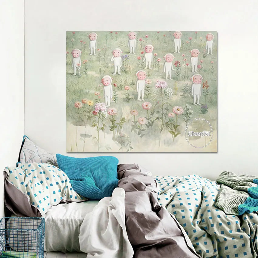 Kids Bedroom Decorative Item Little Lambs Cartoon Picture Oil Painting Hand-painted Canvas Luxury Poster Wall Art For House