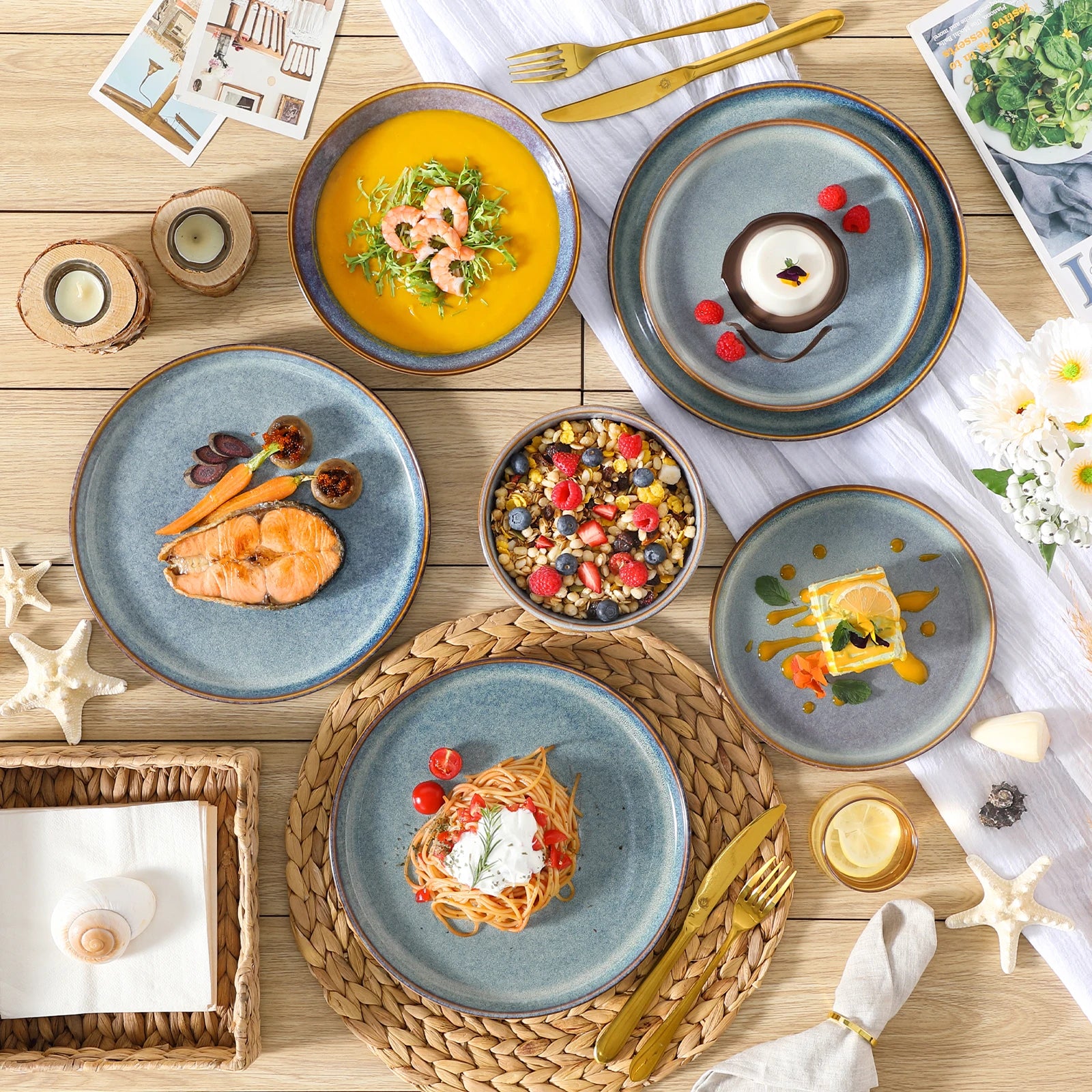 vancasso 12/16/18/24 Piece Grey-Blue Reactive Glaze Stoneware Plates Set Dinnerware Sets with 4/6 pcs Dinner Plate/Dessert/Bowl