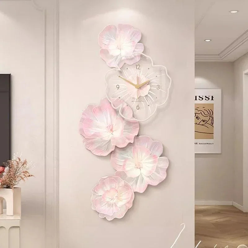 Pink Flower Light Luxury Wall Clock Creative Home Decor Painting for Living Room Wall Hanging Corridor Mural Clock Ornaments