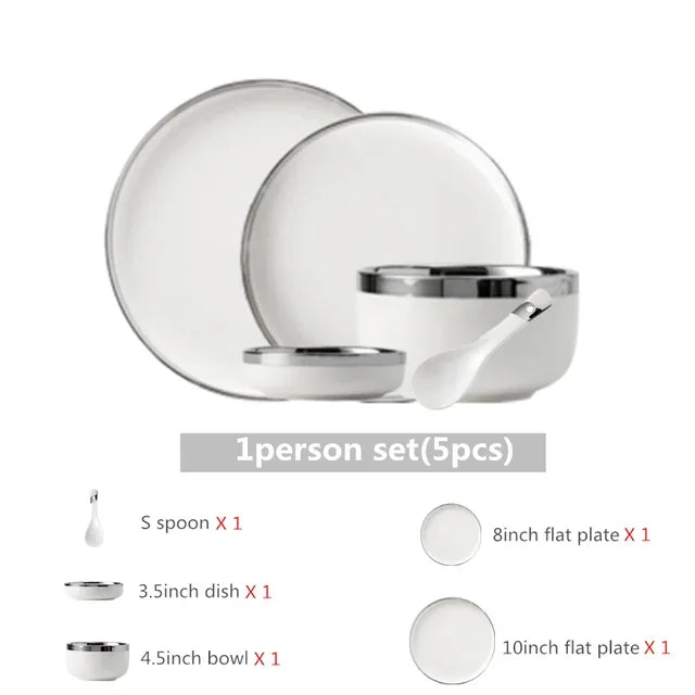 White Ceramic Plates With Silver Steak Serving Plate Bowls Ins Dinner Dish Porcelain Dinnerware Set For Family Hotel