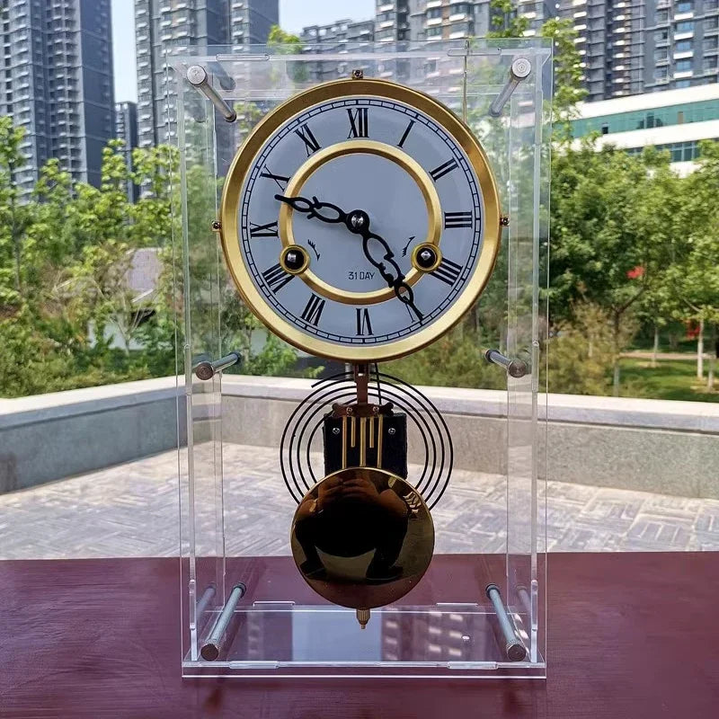 Nordic Mechanical Clock Retro Transparent Desktop Clocks Pendulum Pure Copper Movement Bedroom Watch Vintage Home and Decoration