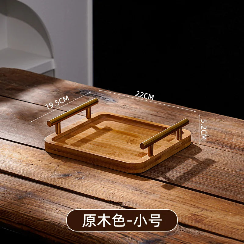 Wooden Tray with Golden Metal Handle for Water Cup Fruit Food Bread Sundries Serving Tray Household Organizer
