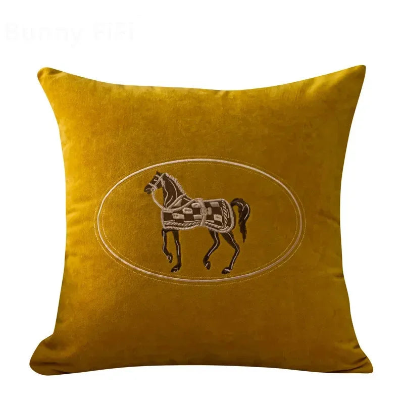 Elegant American Hand-Embroidered Cushion Cover with Horse Design, Perfect for Sofa Home Office Living Room or Car Size 45x45cm