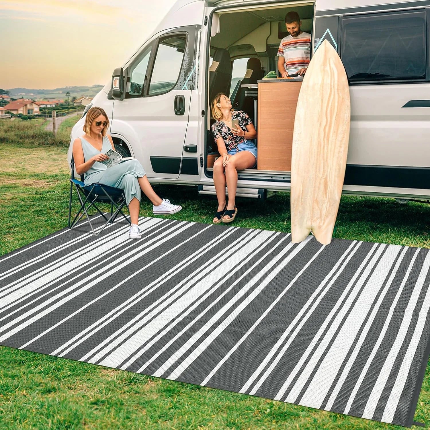 VIKAMA Waterproof Portable Garden Outdoor Rug Double-Sided Outdoor Carpet Camping Caravan Mat Modern Checkered Outdoor Rug