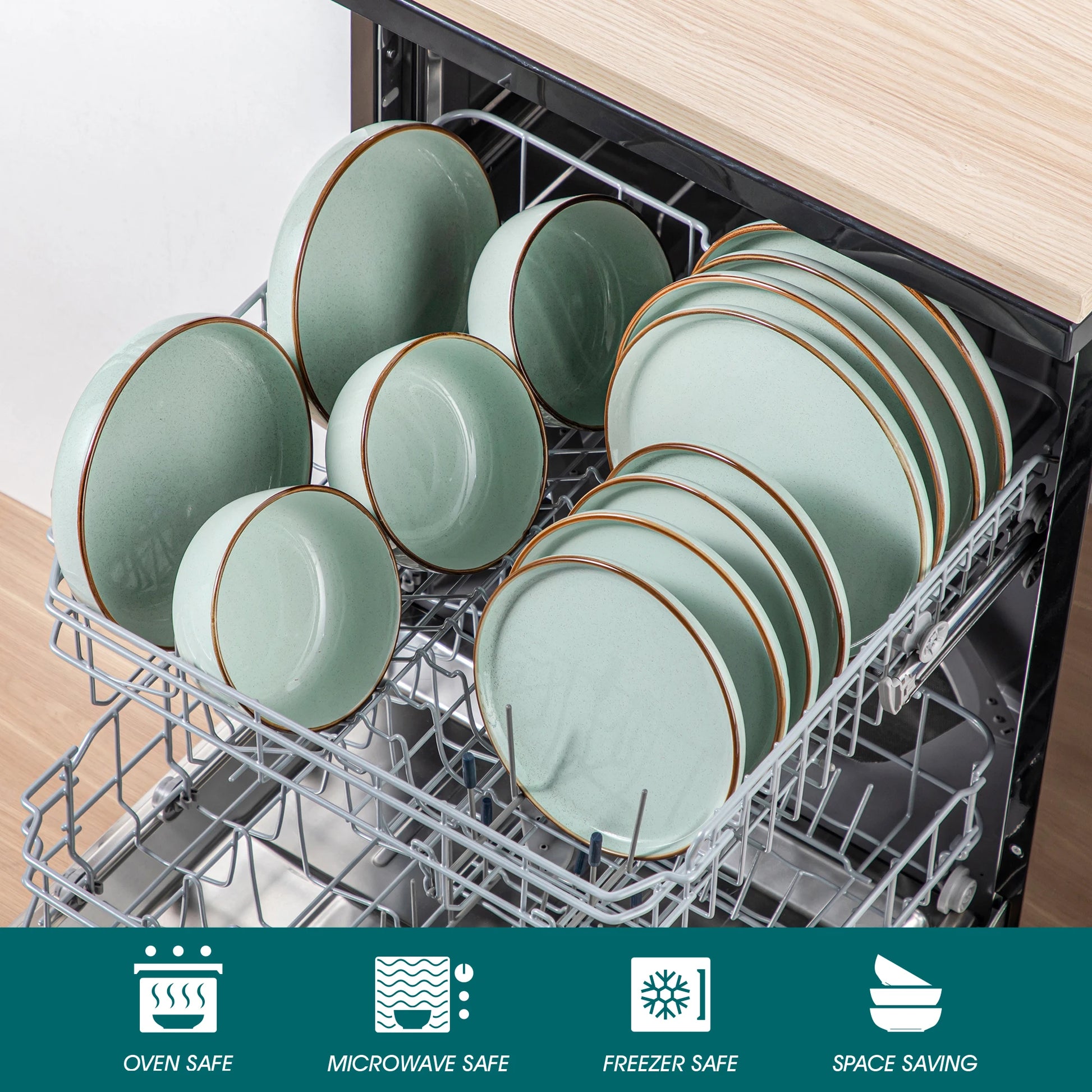 vancasso LOIRE 16/32 Piece Green Ceramic Dinnerware Set Oven Safe Stoneware Set with 4 PCS Dinner Plate/Dessert Plate/Soup/ Bowl