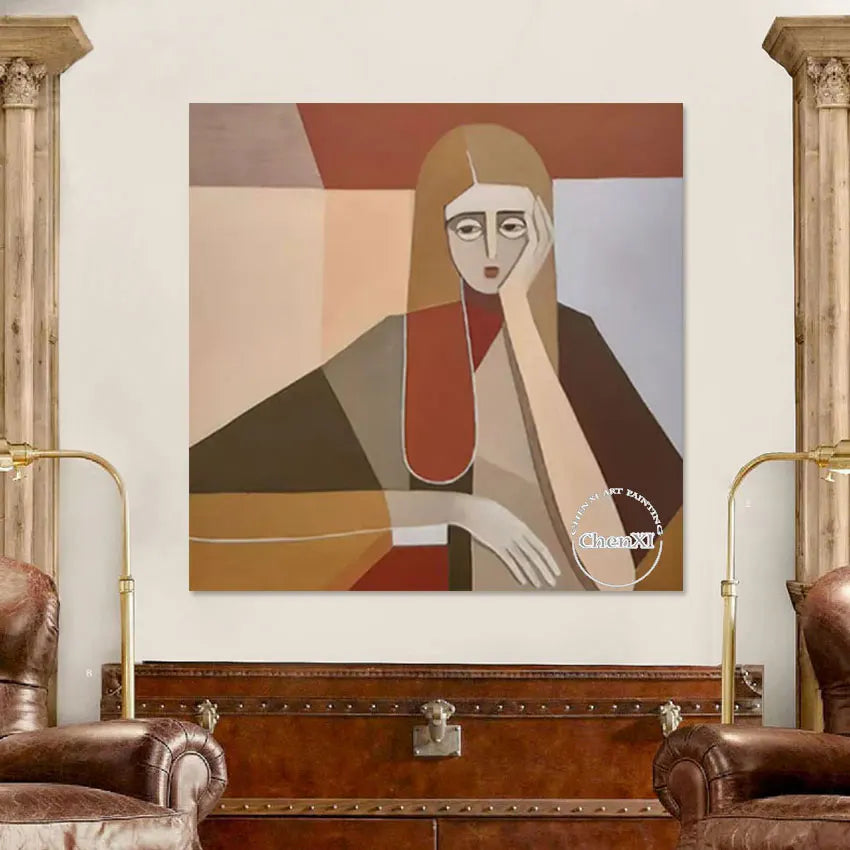 Hotel Decor Luxury Canvas Wall Poster, Classical Vintage Lady Portrait Picture Oil Painting, Pure Handmade Abstract Portrait Art