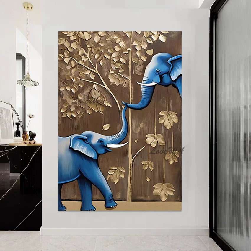 Elephant Design Animal Oil Paintings, No Framed, Gold Foil Textured Abstract Landscape Art Picture, Canvas Wall, High Qualitye
