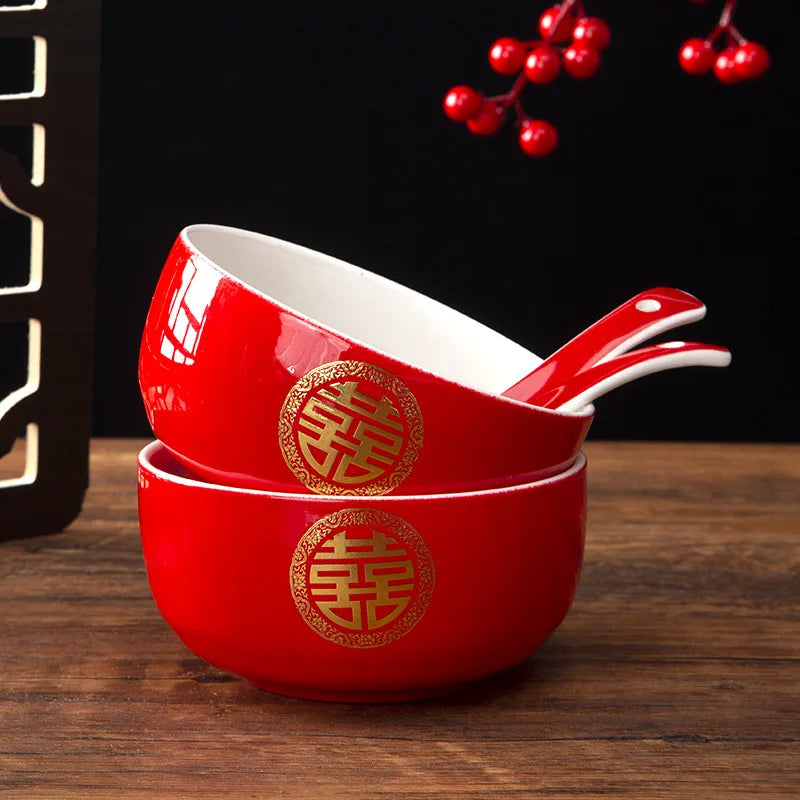 Chinese Wedding Tableware Set Joyful Red Ceramic Bowls Spoons Teacups Chopsticks Tray Wedding Supplies Gifts