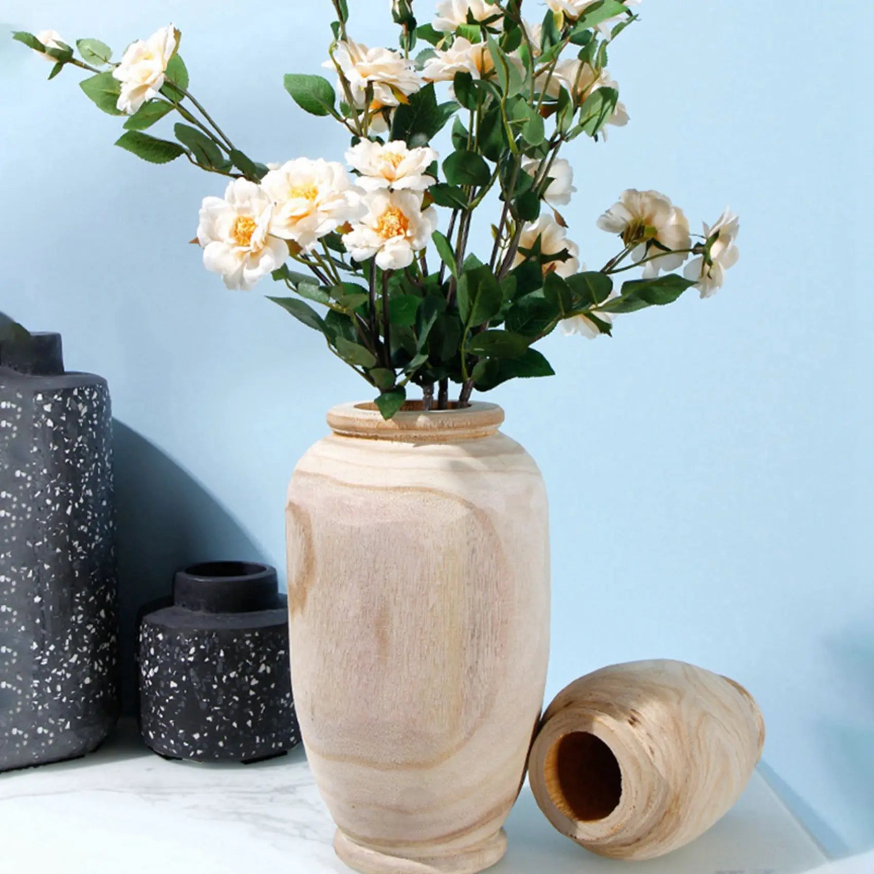 ABYN-2X Wooden Vase Decoration Living Room Table Solid Wood Ware Flower Bottle Ornament Home Decoration