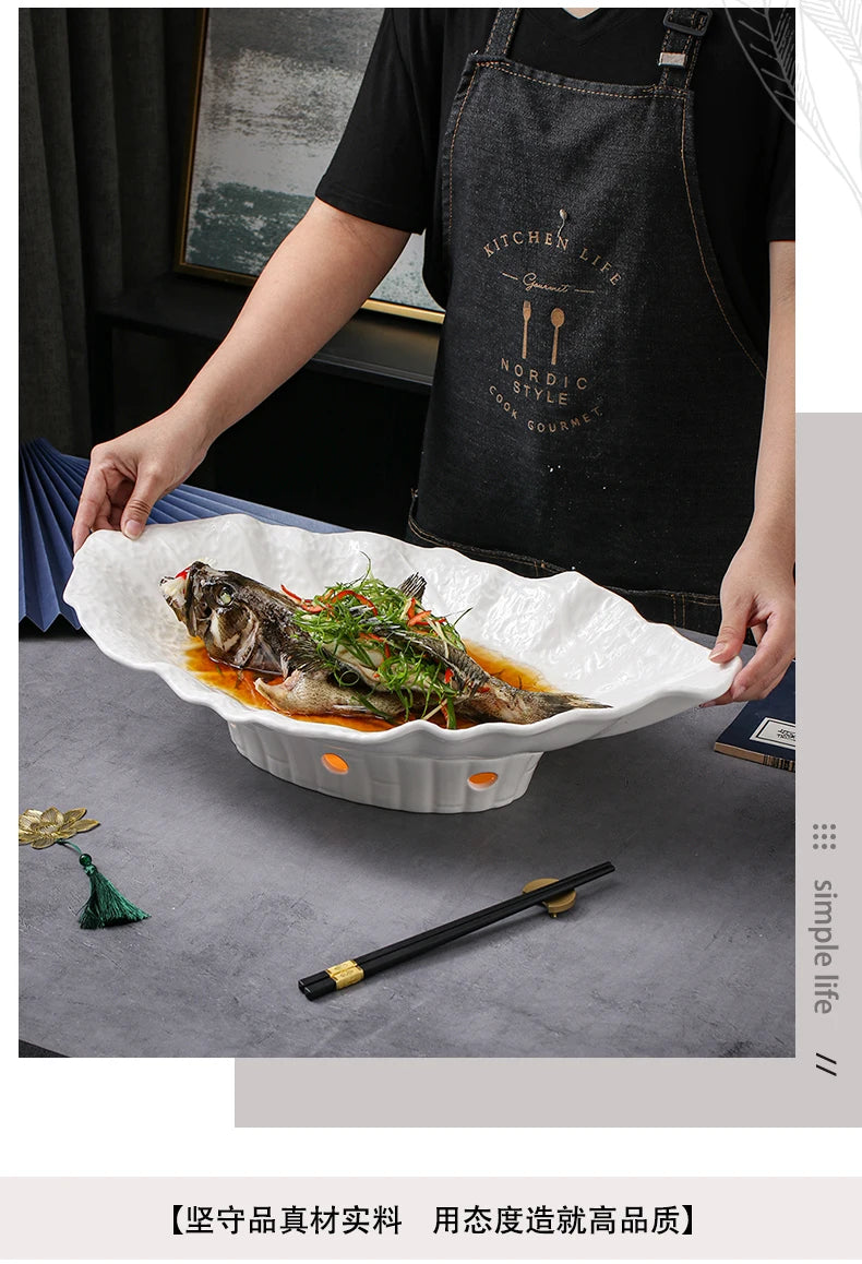 Large Irregular Fish Plate Household Cauldron Bowl Heating and Insulation Plate Ceramic Hotel Tableware Soup Plate