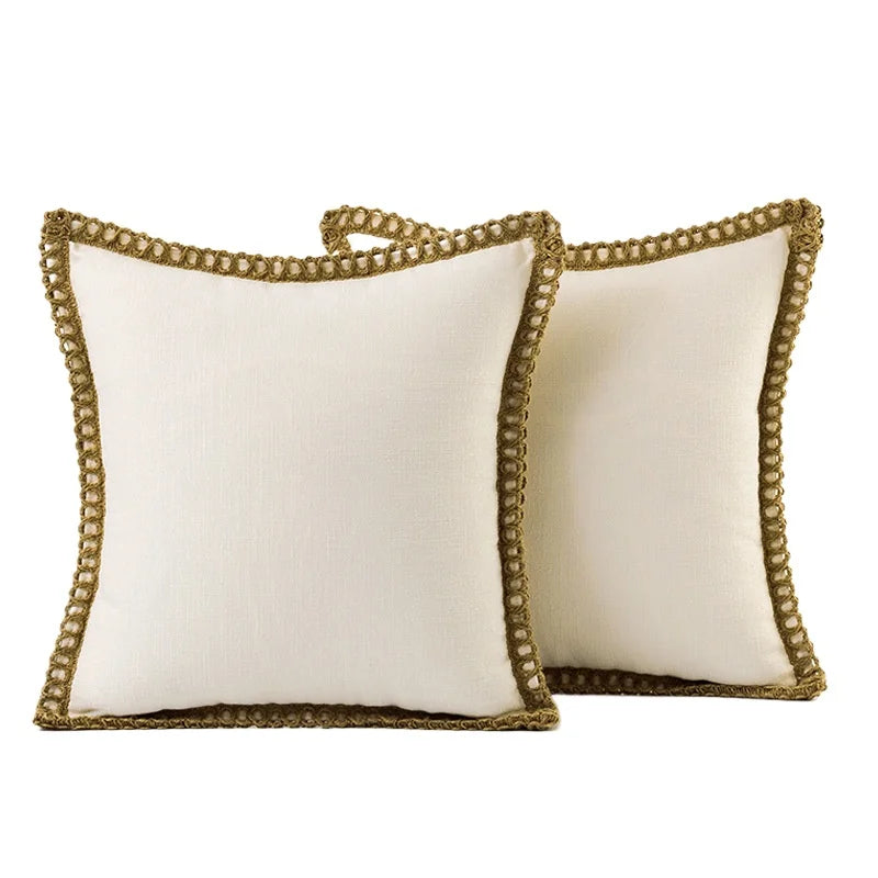 Solid Color Cotton Linen Pillow Cover with Jute Rope Trim Boho Decorative 45x45cm Cushion Pillow Case for Sofa Bed Living Room