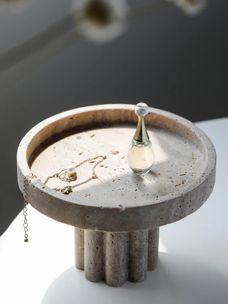 Spiral Roman Column French Wabi Sabi Natural Travertine Tray High Foot Fruit Basin Marble Decorative Storage Trays Scallop
