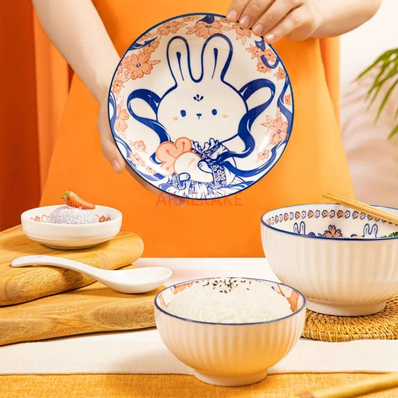 Strawberry and rabbit tableware set, underglaze color household ceramic cute rice bowls and plates