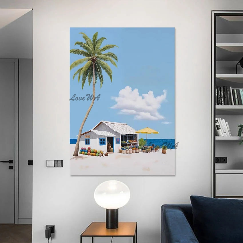 Abstract Seascape Small House Oil Paintings No Framed Beautiful Scenery Canvas Picture, High Quality Acrylic Art Wall Decoration