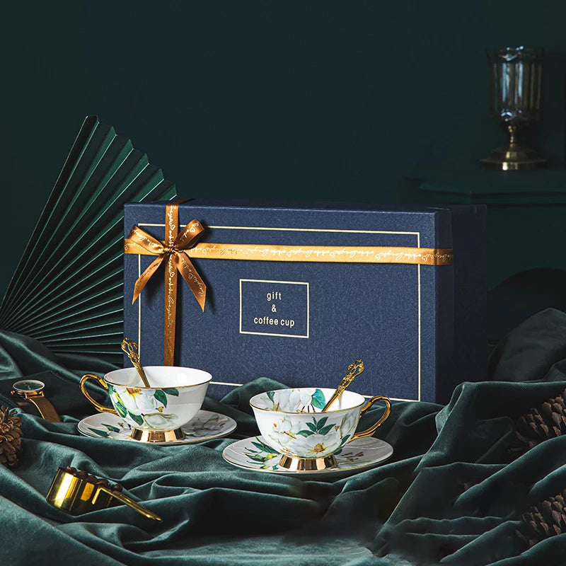 Exquisite Bone China Coffee Cup and Dish Gift Box Set, Afternoon Tea Set, Camellia Flower Pattern Exquisite Gift Box