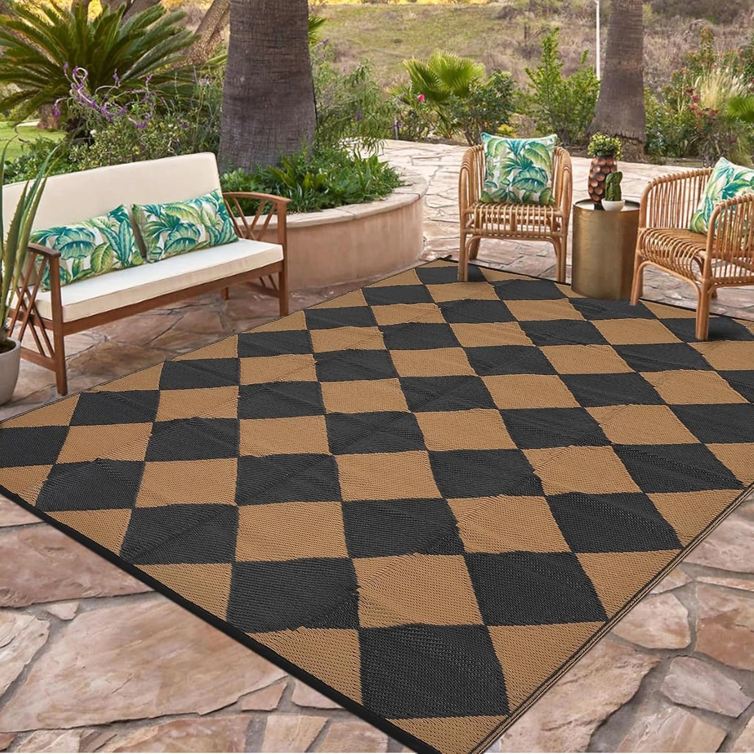 VIKAMA Waterproof Portable Garden Outdoor Rug Double-Sided Outdoor Carpet Camping Caravan Mat Modern Checkered Outdoor Rug
