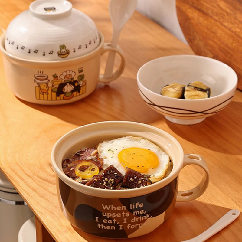 Ceramic Ramen Bowl and Little Rice Bowl Spoon Set, 700ml Instant Noodle Bowl, 400ml Oatmeal Bowl, White Spoon Microwave Safe