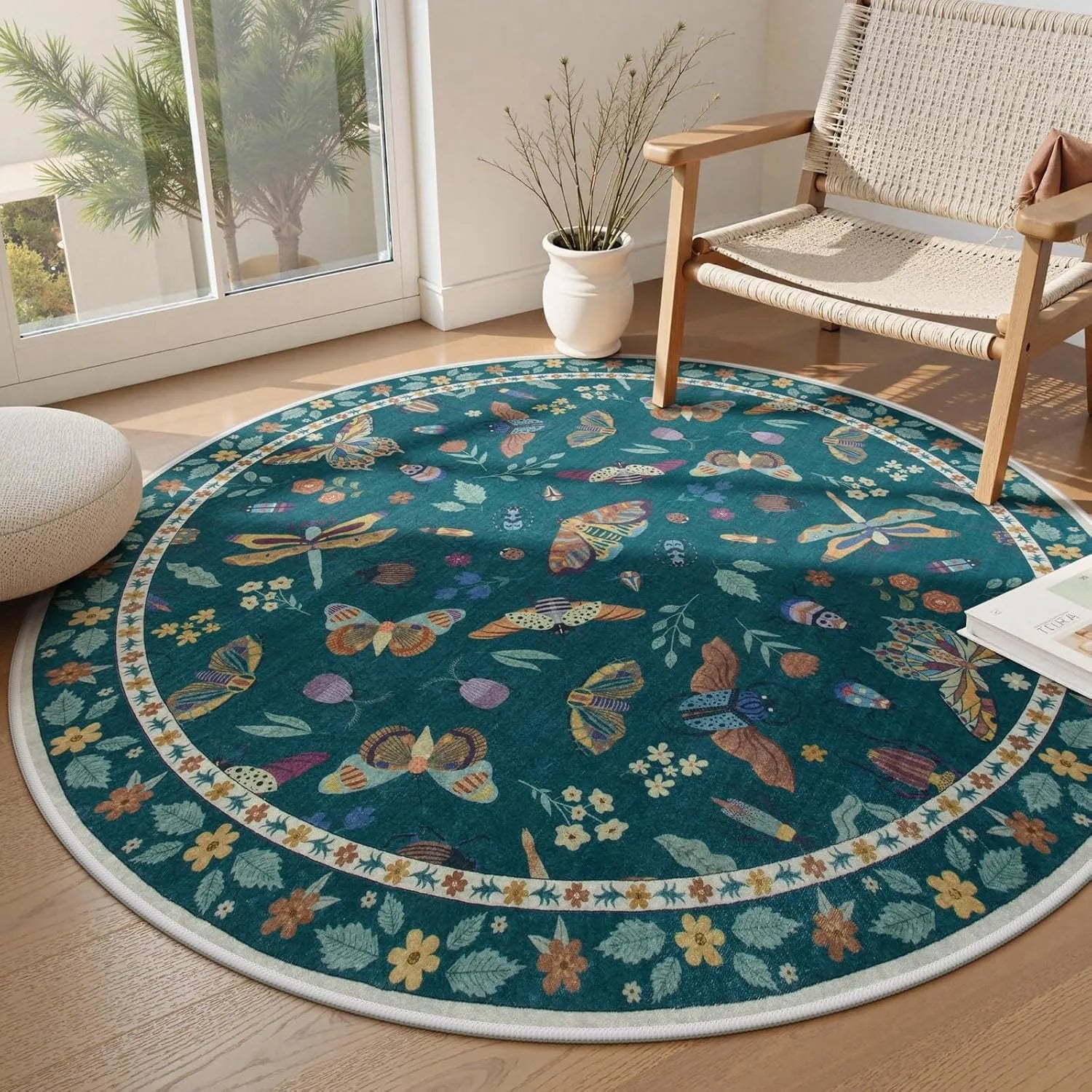 Round Living Room Carpet Green Insect Floral Carpets Home Decoration Rug for Bedroom Bedside Floor Mat Christmas Gifts 거실 카펫