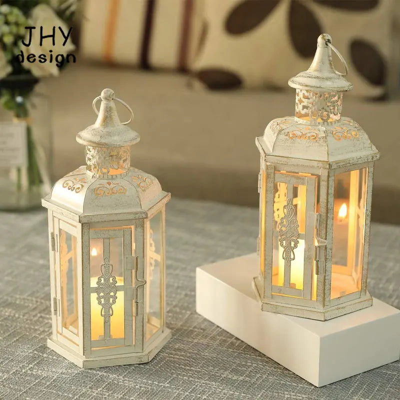 2Pcs Decorative Candle Lanterns Vintage Hanging Lantern Candle Holder Metal Candleholder White with Gold Brush Home Decor
