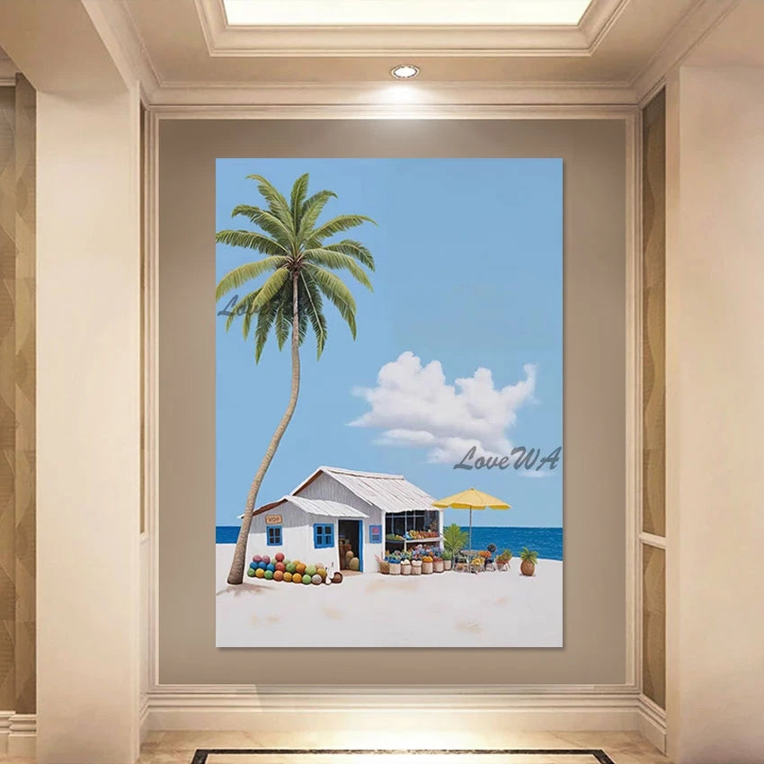 Abstract Seascape Small House Oil Paintings No Framed Beautiful Scenery Canvas Picture, High Quality Acrylic Art Wall Decoration