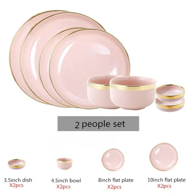 Bright White And Pink With Gold Porcelain Plates Kitchen Dinner Plate Set Ceramics Food Dishes Salad Noodles Bowl