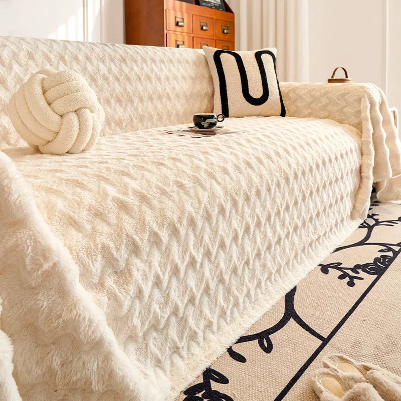 EIFLOY-Winter Rabbit Fur Plush Sofa Cover, Anti Slip, for Living Room, Warm Couch Armchair Slipcover, Sofa Towel Protector