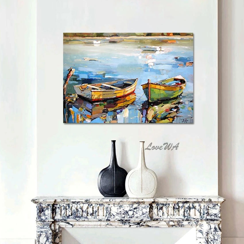 3d Boat Hand Drawing Decoration Wall Room Luxury Large Lakeside Painting Canvas Art Abstract Unframed Landscape Picture Artwork