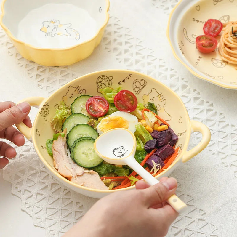 Orange Cat Ceramic Dinnerware Set Cute Bowl Plate Cutlery for Home Kitchen New House Gift