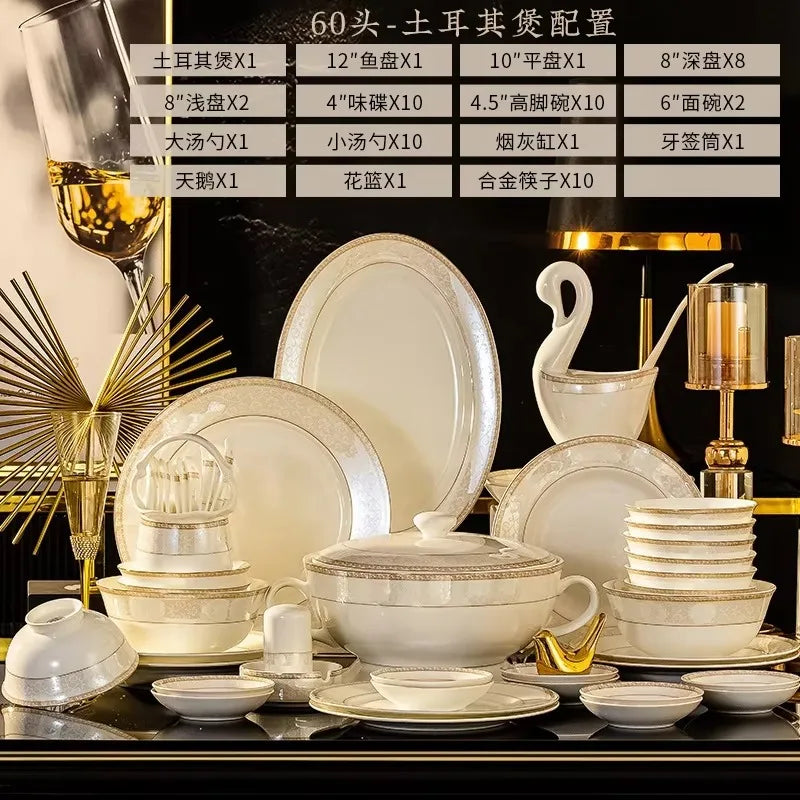 Christmas CeramicTableware 60Piece Set Equipped With Turkey Pot Fashion Xiaozi Series Ten Dining Simple Bone China Tableware Set