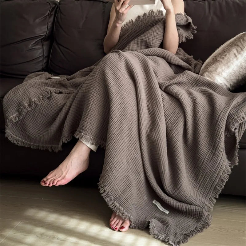 Cotton six layer wrinkled yarn fringe blanket for office nap, sofa cover blanket, high-end feeling pure cotton shawl blanket