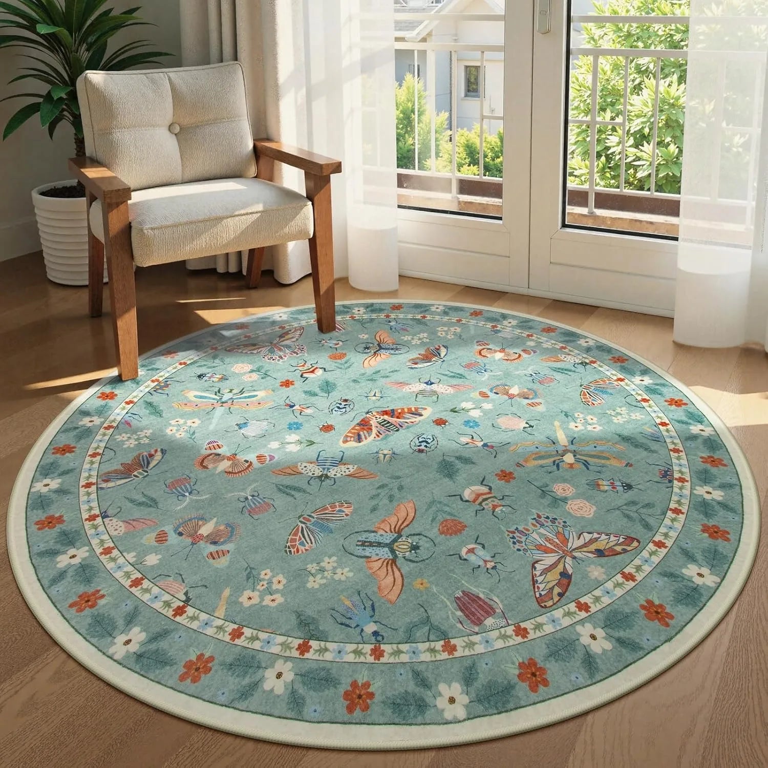 Round Living Room Carpet Green Insect Floral Carpets Home Decoration Rug for Bedroom Bedside Floor Mat Christmas Gifts 거실 카펫
