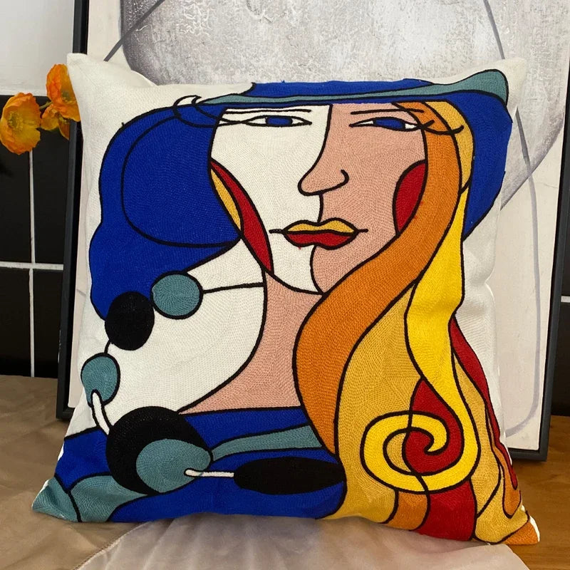 Embroidery Abstract Pillowcase Cotton Cushions Covers Picasso Decorative Throw Pillows Covers for Sofa Living Room Home Decor