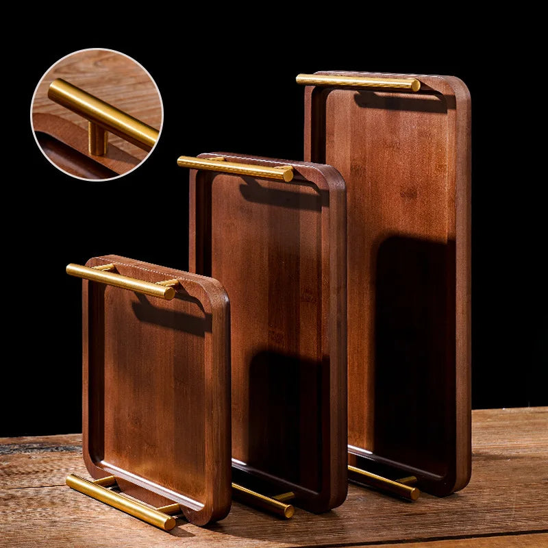 Wooden Tray with Golden Metal Handle for Water Cup Fruit Food Bread Sundries Serving Tray Household Organizer