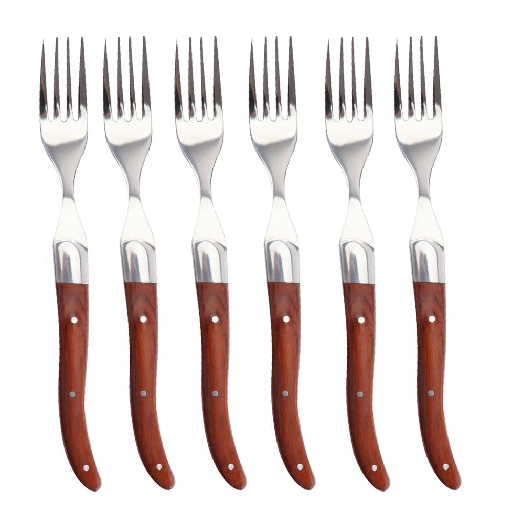 Jaswehome 6pcs Dinnerware Set Stainless Steel Red Pakkawood Handle Steak knives Western knives Fruit salad steak forks Tableware