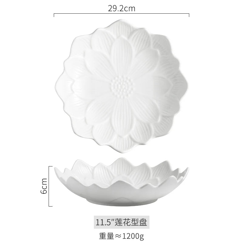 Chinese Lotus-like Ceramic Western Food Dish Household White Fruit Salad Bowl Dessert Plate Creative Restaurant Specialtableware