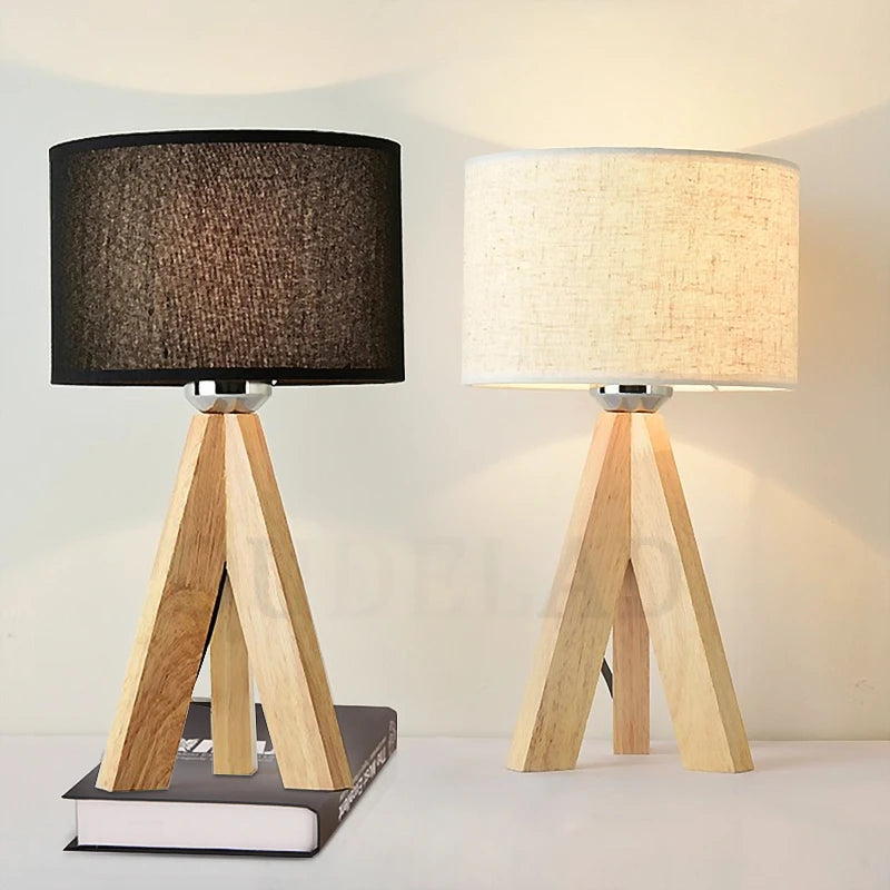 OUDELADI Wooden Table Lamp White Black cloth lampshade Home decor living room Bedside Desk lamp E27 Study Reading Light