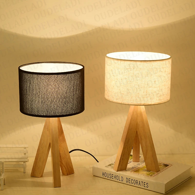 OUDELADI Wooden Table Lamp White Black cloth lampshade Home decor living room Bedside Desk lamp E27 Study Reading Light