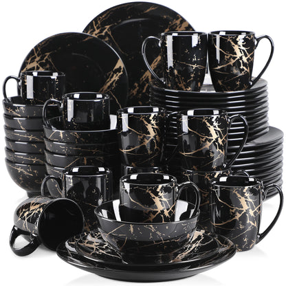 LOVECASA 16/32/48 Piece black blue Procelain Dinnerware Set Design By Gold Splash with Dinner Plate,Cake plate,Bowls,Coffee Cups