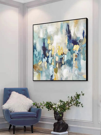 Modern Abstract Oil Painting on Canvas, Pink Flower Wall Art, Hand Painted, No Frame, Gold Foil Texture, Living Room, Home Decor