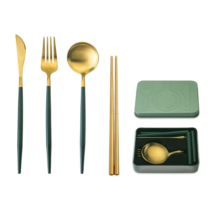 Portable Cutlery Set 304 Stainless Steel Removable Camping Tableware Chopsticks Knife Fork Spoon Folding Cutlery Set With Box