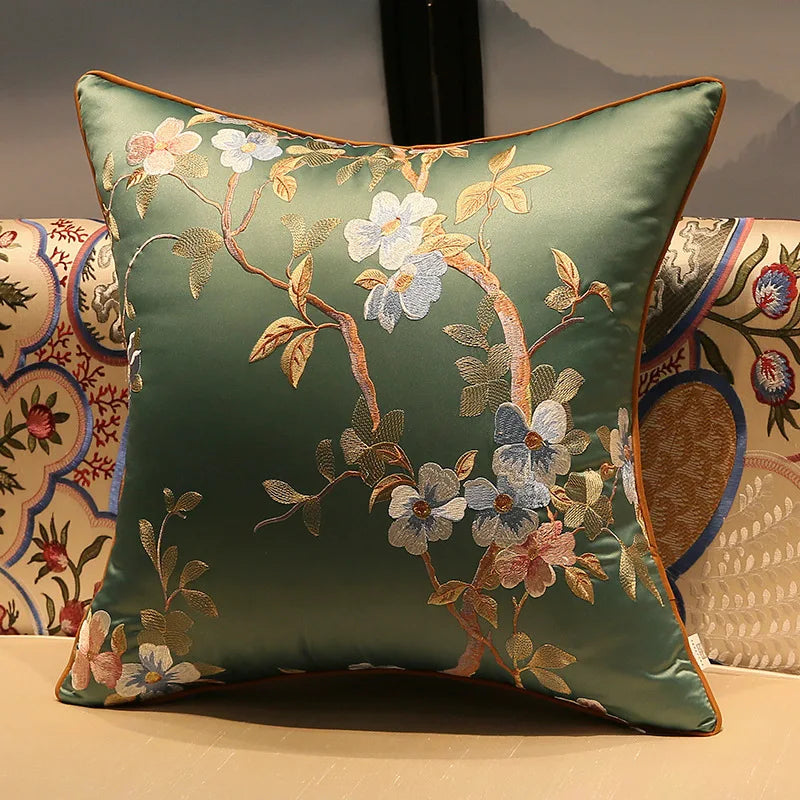 Chinese Style Rose Pattern Silk Cushion Cover Chinese Style Coffee Lack Blue Pillowcases Luxury Birds Flowers Pillow Cover