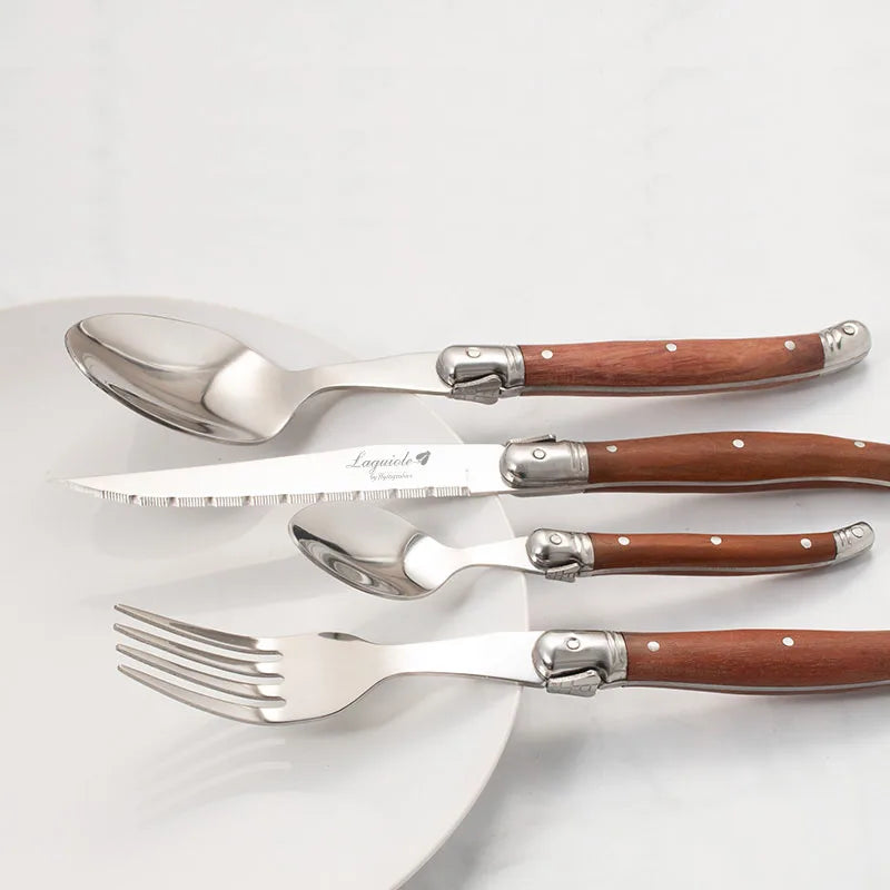 24pcs Laguiole Tableware set Wood Handle Korean Dinnerware Stainless steel 6 Steak Knives 6 Forks 6 Spoon 6 Teaspoon Cutlery