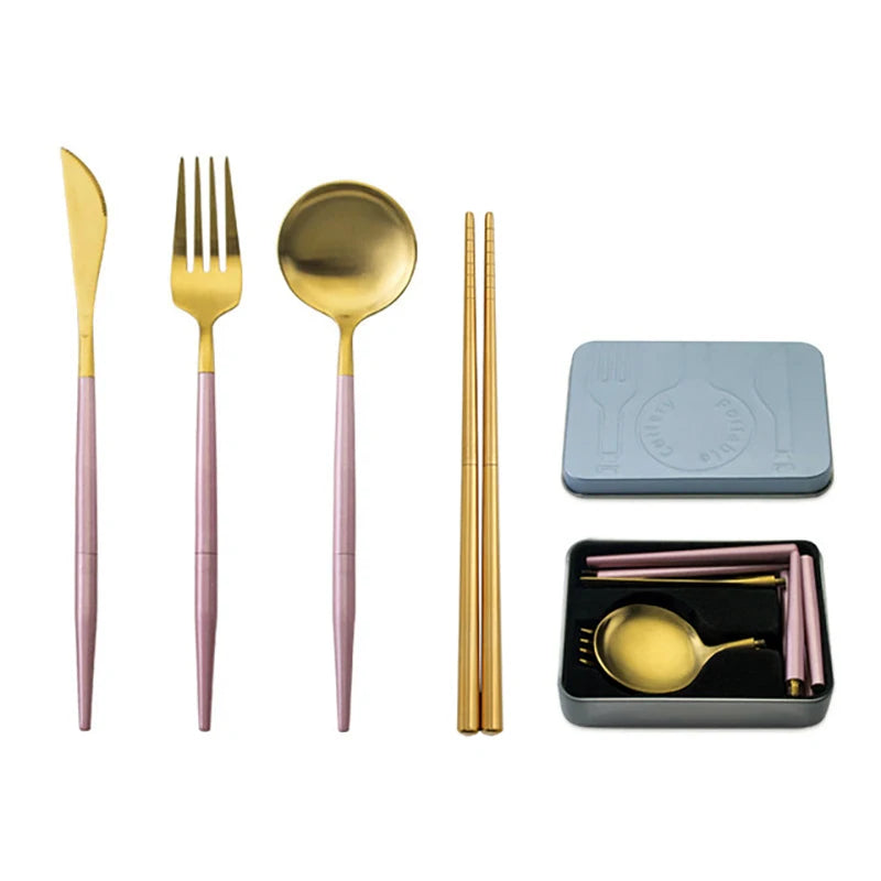 Portable Cutlery Set 304 Stainless Steel Removable Camping Tableware Chopsticks Knife Fork Spoon Folding Cutlery Set With Box