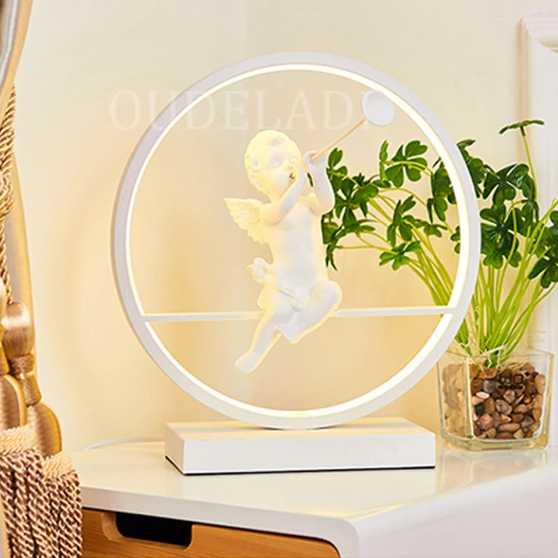 OUDELADI Angel doll table lamp bedside Romantic warm Couple desk lamp Modern home living room decor Bird table lamp