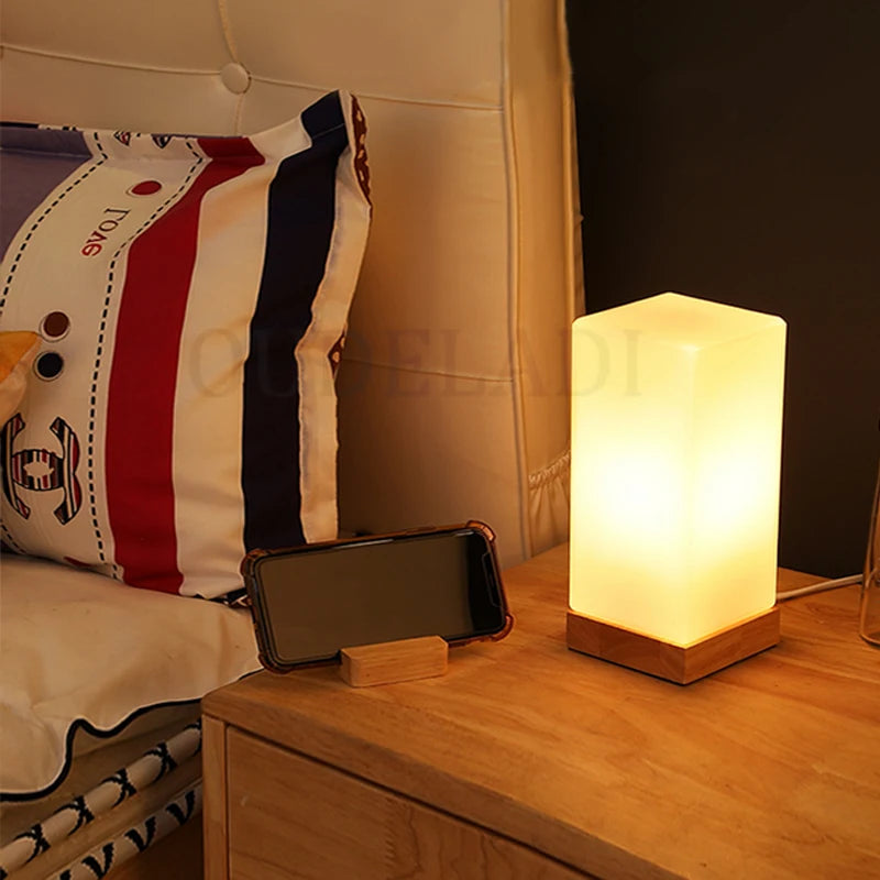 Modern glass bedroom table lamp solid wood glass night light warm E27 living room desk bedside lamp creative simplicity