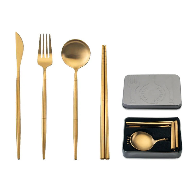 Portable Cutlery Set 304 Stainless Steel Removable Camping Tableware Chopsticks Knife Fork Spoon Folding Cutlery Set With Box