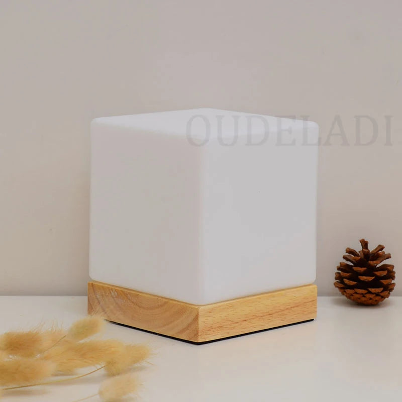 Modern glass bedroom table lamp solid wood glass night light warm E27 living room desk bedside lamp creative simplicity