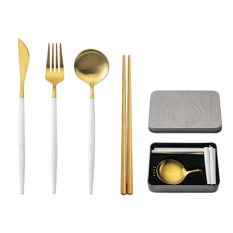 Portable Cutlery Set 304 Stainless Steel Removable Camping Tableware Chopsticks Knife Fork Spoon Folding Cutlery Set With Box